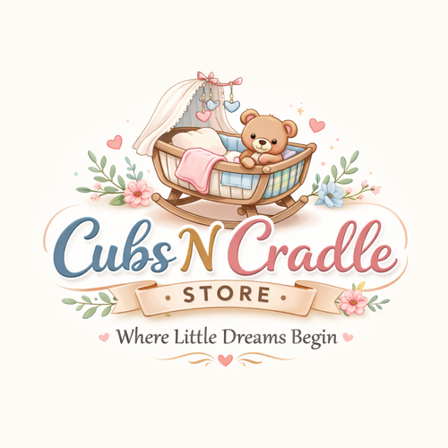 Logo of Cubs N Cradle Store with a teddy bear in a cradle and decorative elements on a white background.