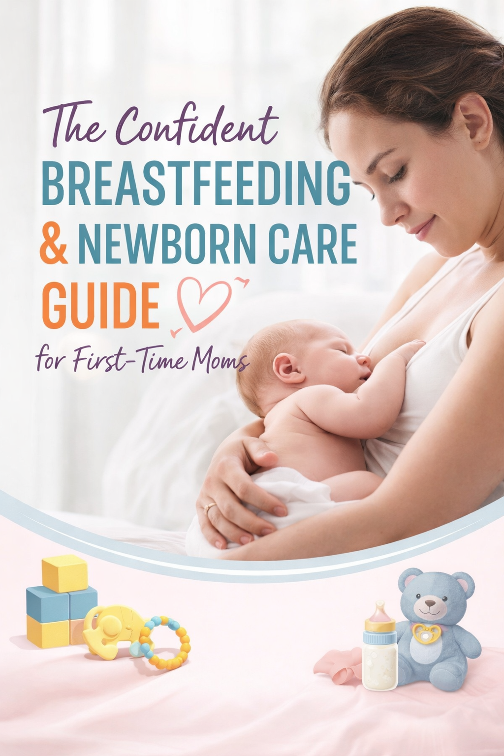 Woman breastfeeding a baby with text 'The Confident Breastfeeding & Newborn Care Guide for First-Time Moms' on a light background.