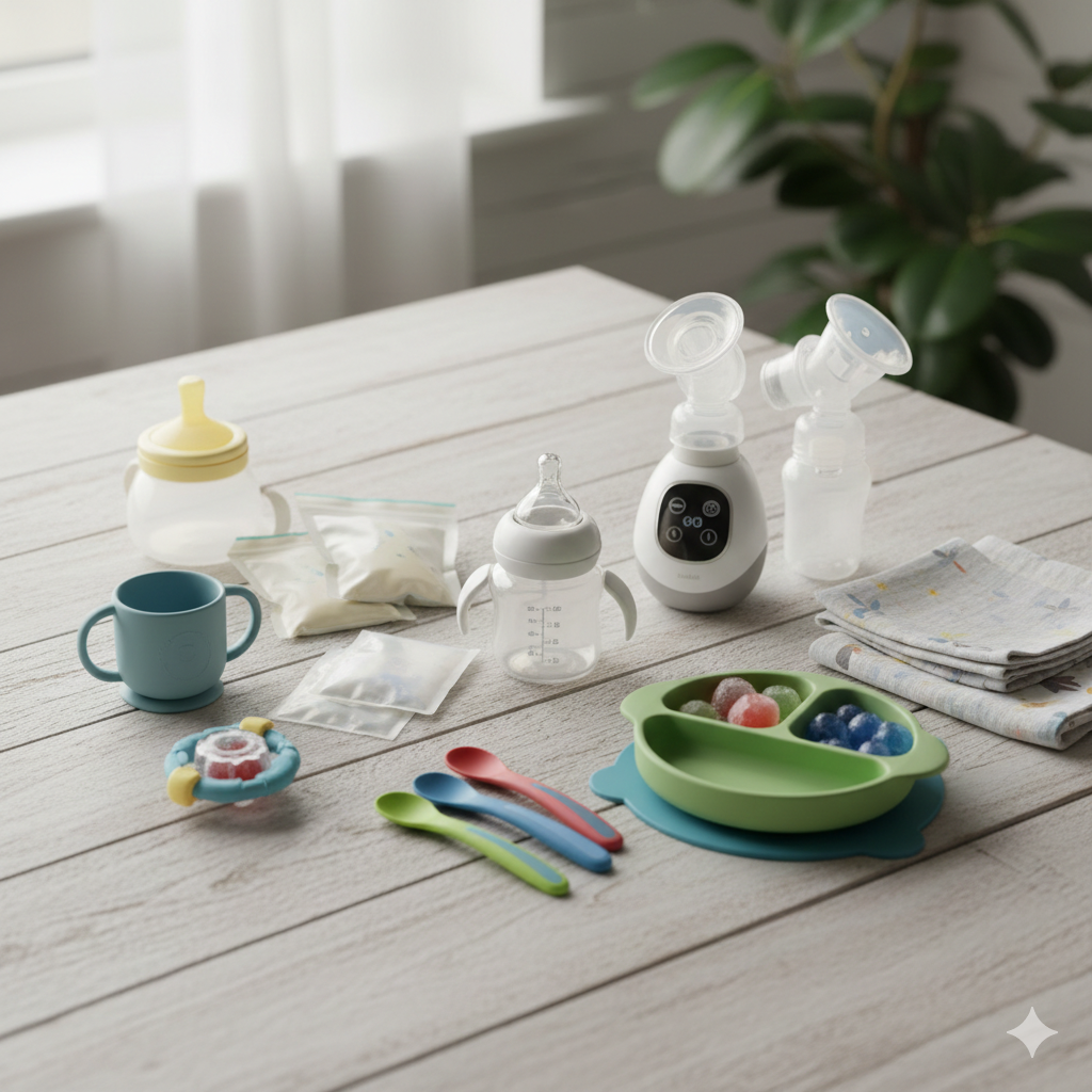Collection of baby feeding and care products on a wooden table.
