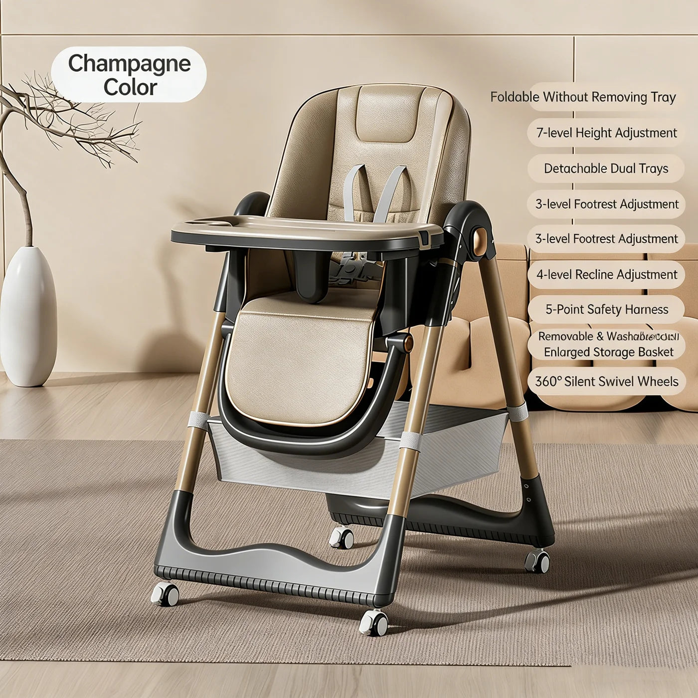 Beige high chair with features listed on a beige background