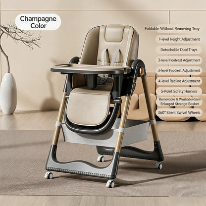 Beige high chair with features listed on a beige background