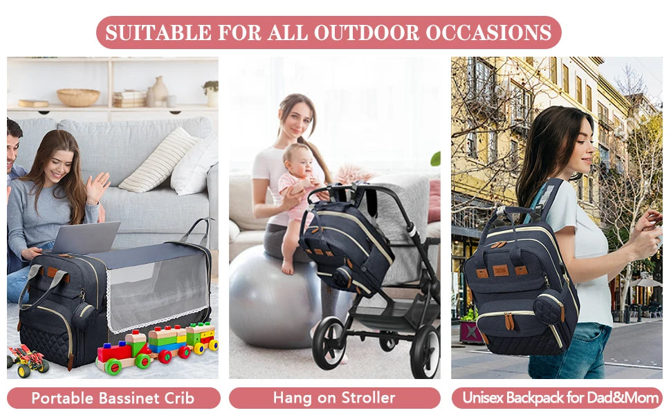 3-in-1 Diaper Bag Backpack | Foldable Baby Bed, USB Port & Waterproof Travel Bag
