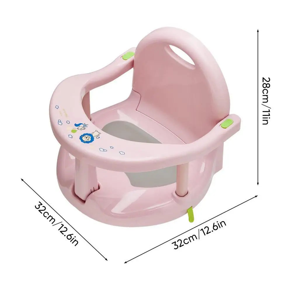 Pink baby seat with measurements on a white background