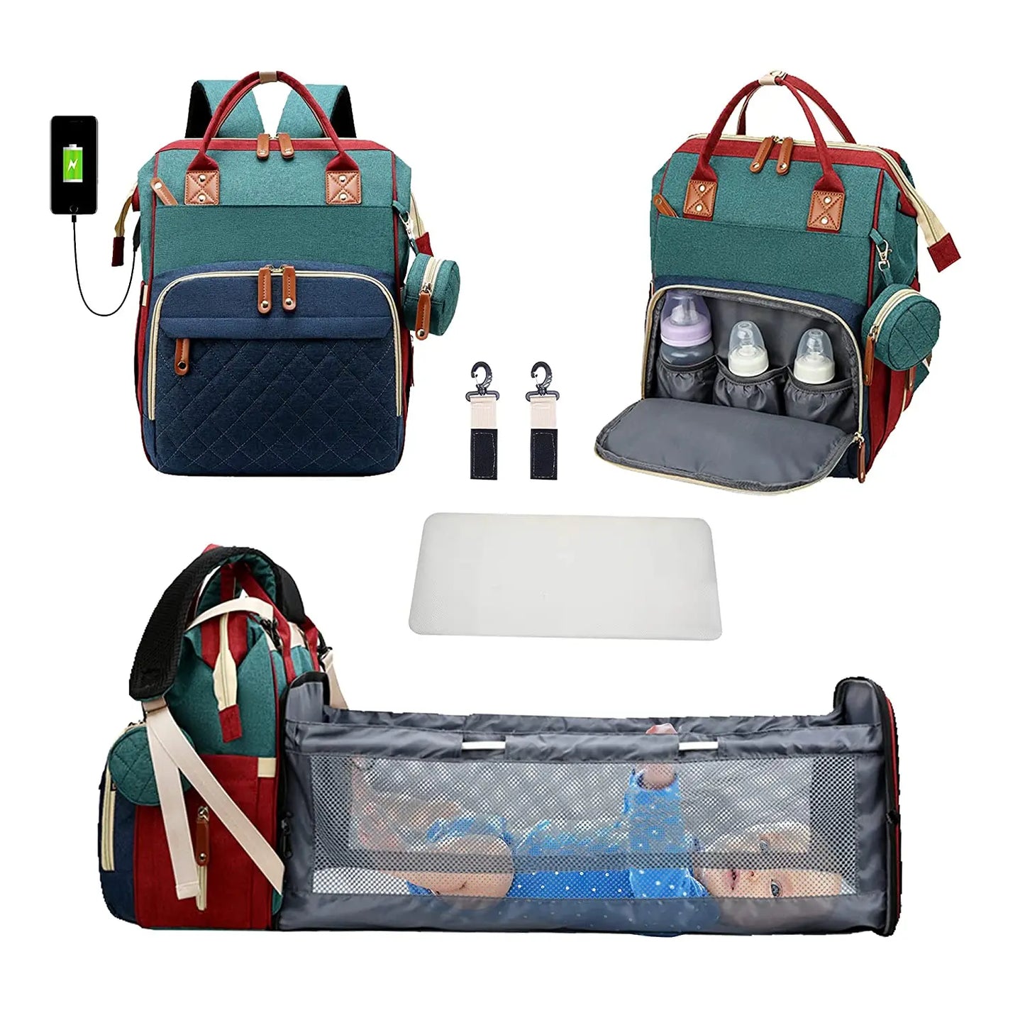3-in-1 Diaper Bag Backpack | Foldable Baby Bed, USB Port & Waterproof Travel Bag