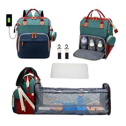 3-in-1 Diaper Bag Backpack | Foldable Baby Bed, USB Port & Waterproof Travel Bag