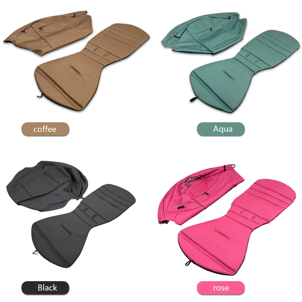 Four seat covers in different colors on a white background