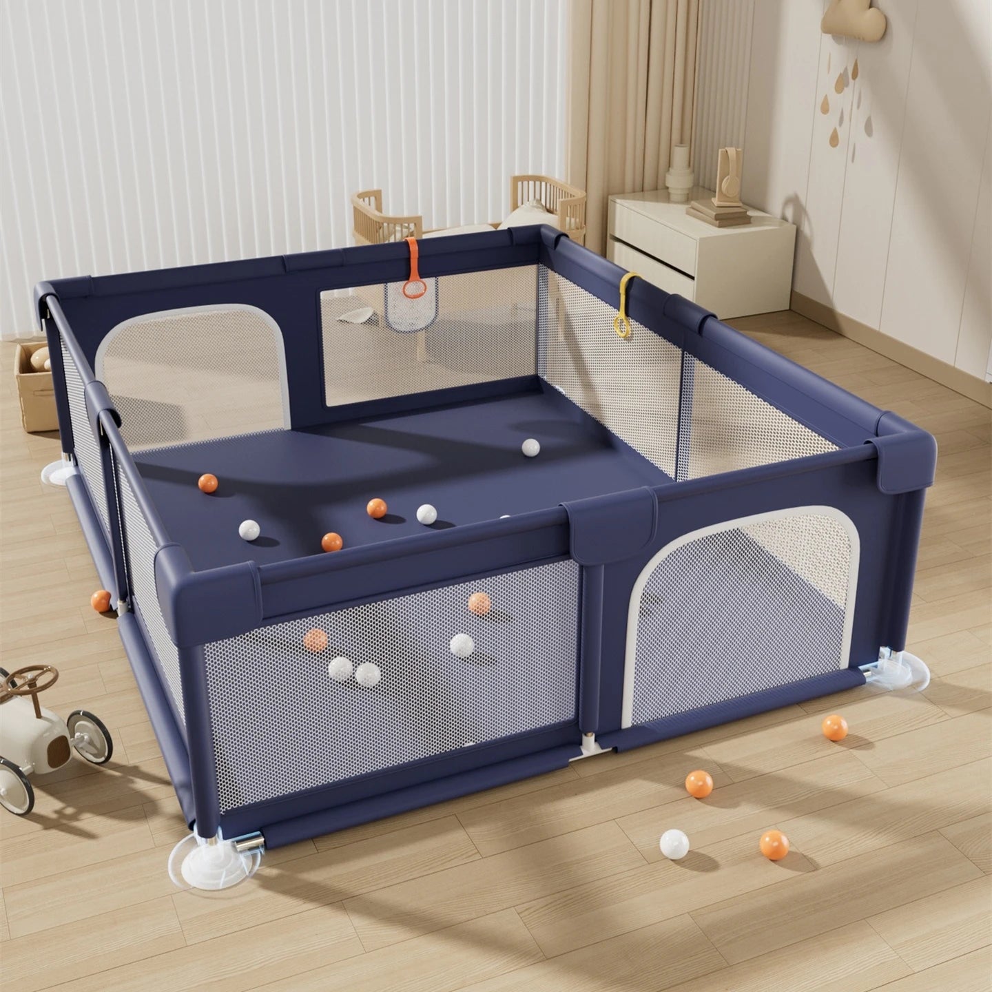 Baby Playpen with Pull Ring | Breathable Large Safety Gate Fence for Kids | Indoor & Outdoor Activity Center