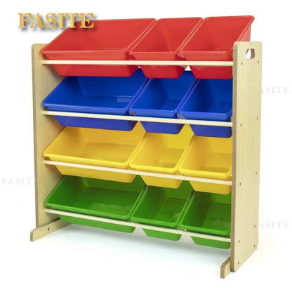 Colorful storage shelf with red, blue, yellow, and green bins on a white background.