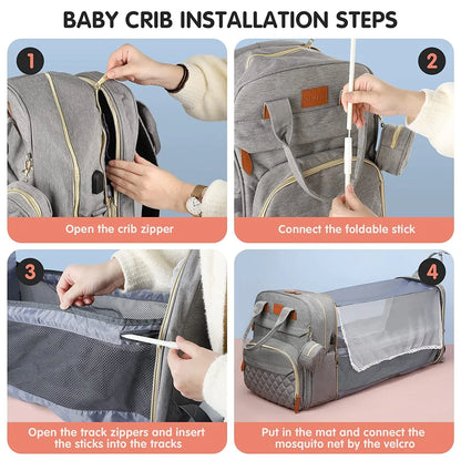 3-in-1 Diaper Bag Backpack | Foldable Baby Bed, USB Port & Waterproof Travel Bag