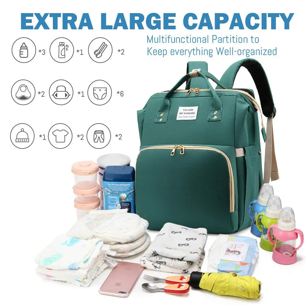3-in-1 Diaper Bag Backpack | Foldable Baby Bed, USB Port & Waterproof Travel Bag