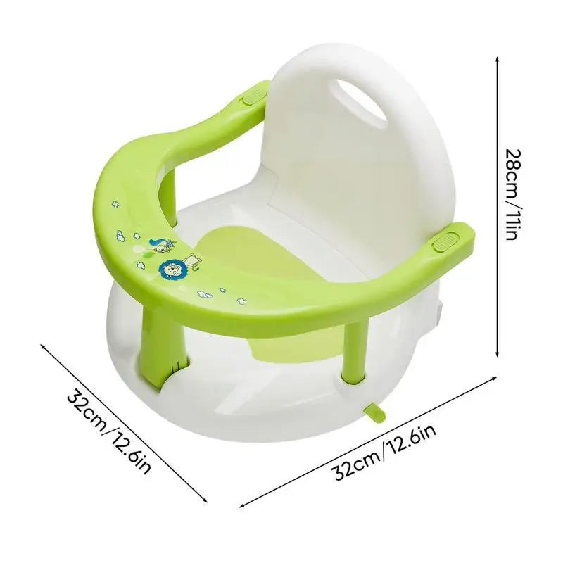 Green and white children's potty seat with measurements on a white background
