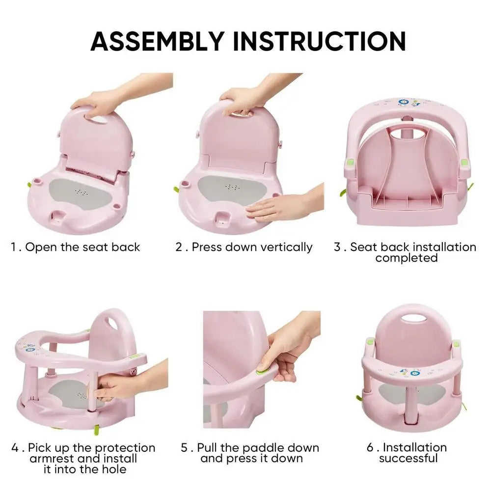 Step-by-step assembly instructions for a pink baby seat with text labels.