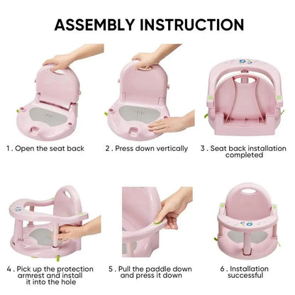 Step-by-step assembly instructions for a pink baby seat with text labels.
