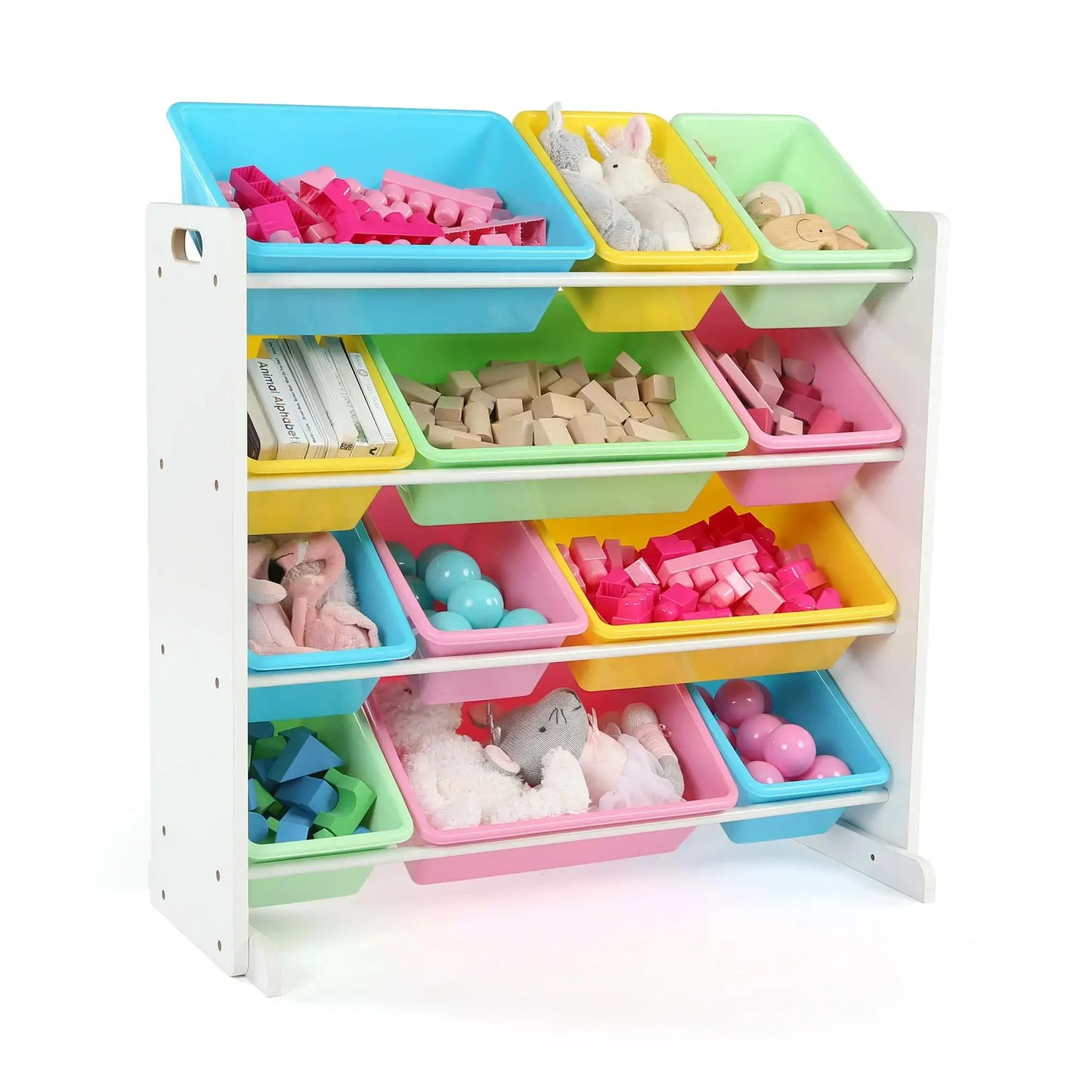 Kids Toy Storage Rack with 12 Bins | Wood & Plastic, Multi-Color