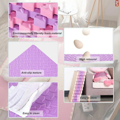 Collage of pink and purple foam pads with text on material, texture, and features.