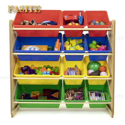 Kids Toy Storage Rack with 12 Bins | Wood & Plastic, Multi-Color