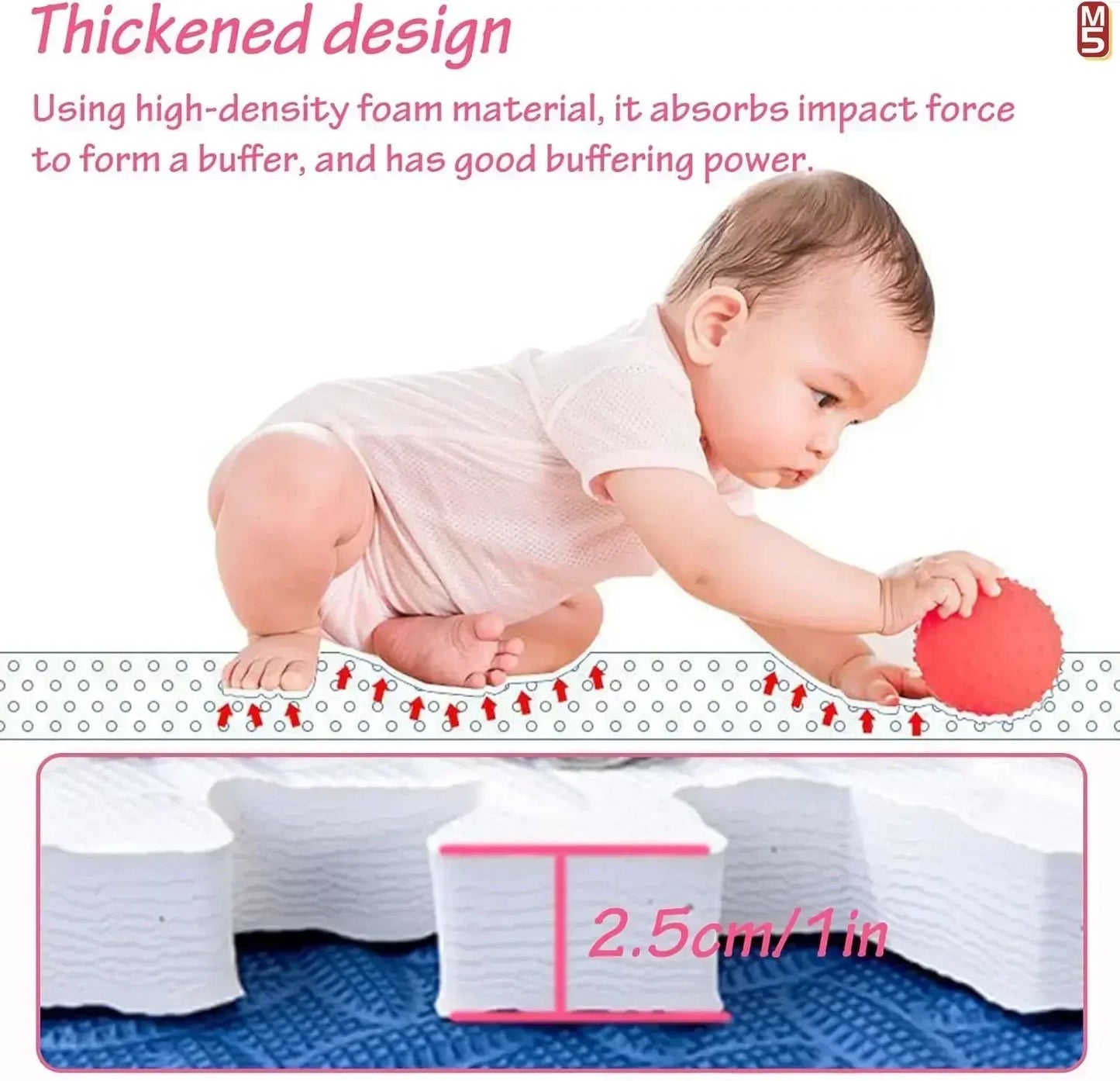 Baby playing with a ball on a thick foam mat, highlighting its thickness and缓冲能力.