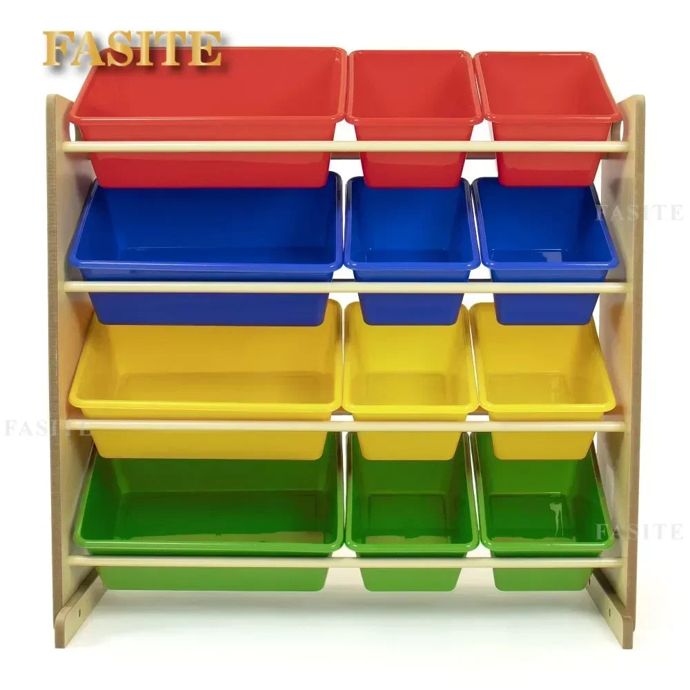 Kids Toy Storage Rack with 12 Bins | Wood & Plastic, Multi-Color