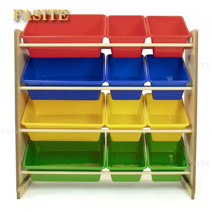 Kids Toy Storage Rack with 12 Bins | Wood & Plastic, Multi-Color