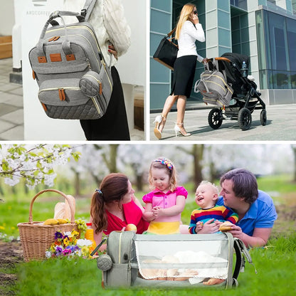 3-in-1 Diaper Bag Backpack | Foldable Baby Bed, USB Port & Waterproof Travel Bag