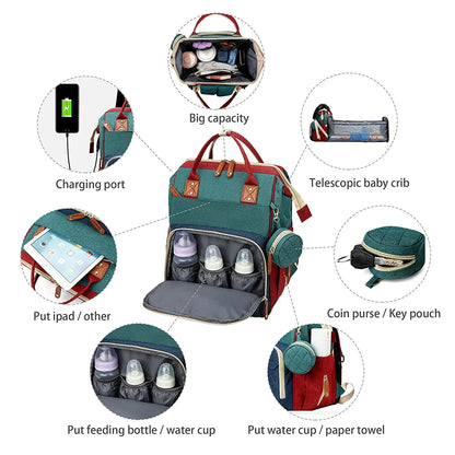 3-in-1 Diaper Bag Backpack | Foldable Baby Bed, USB Port & Waterproof Travel Bag