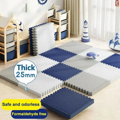 Children's play area with foam mats in blue and gray, safety features highlighted.