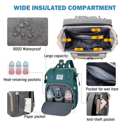 3-in-1 Diaper Bag Backpack | Foldable Baby Bed, USB Port & Waterproof Travel Bag