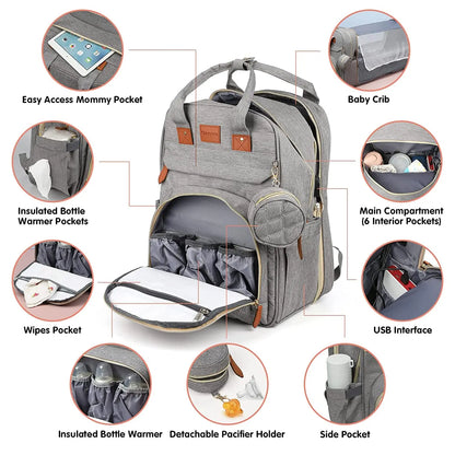 3-in-1 Diaper Bag Backpack | Foldable Baby Bed, USB Port & Waterproof Travel Bag