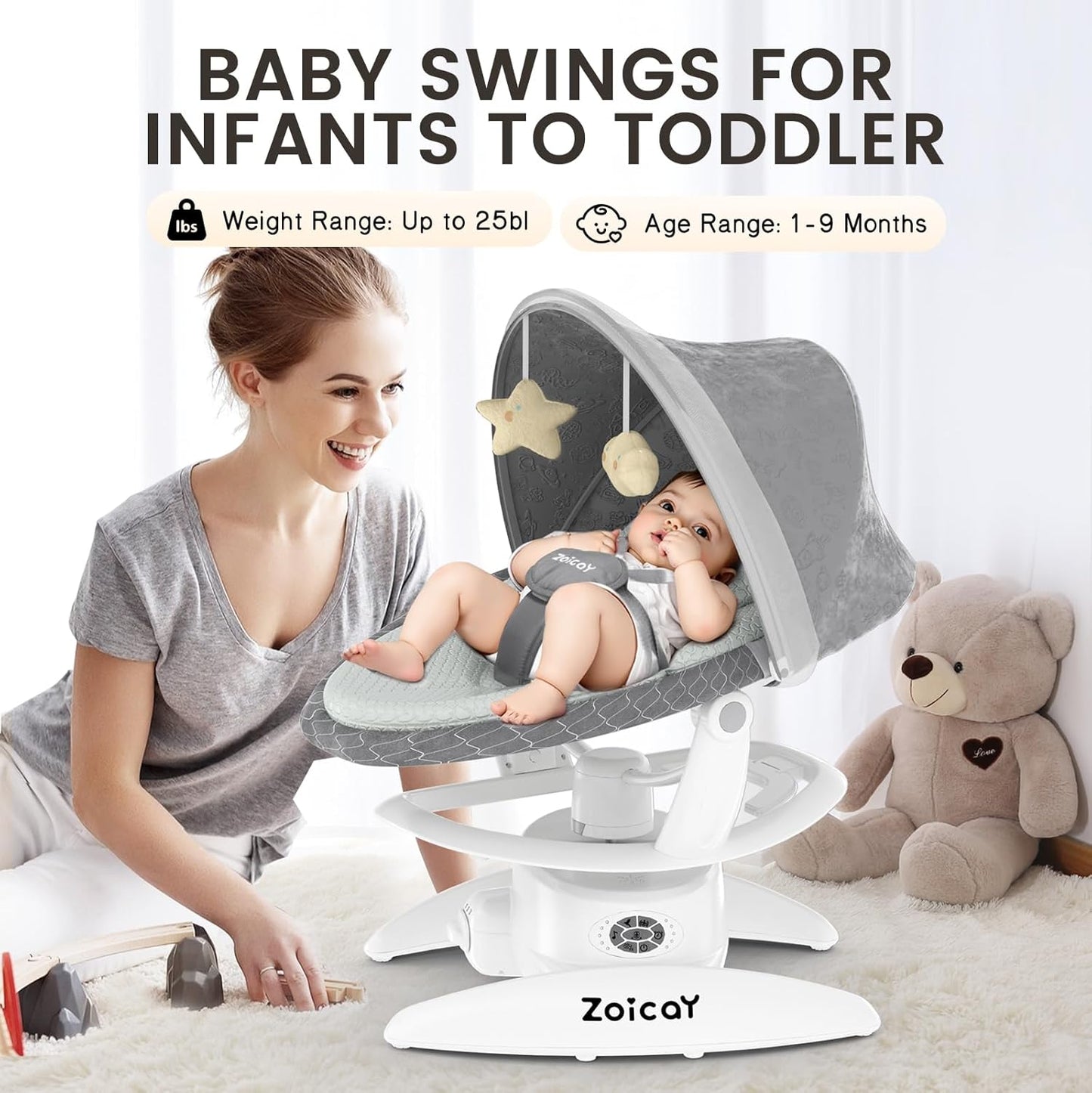 Baby swing for infants to toddlers with a woman and baby using it, Zoicay brand visible