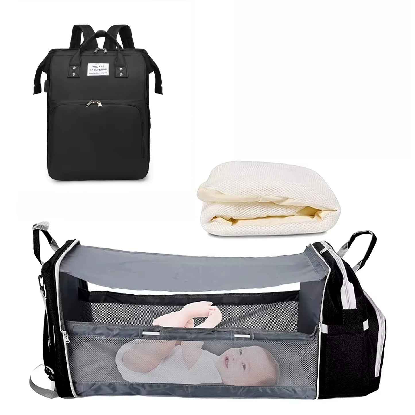 3 in 1 Diaper Bag Backpack Foldable Baby Bed Waterproof Travel Bag with USB Charge Diaper Bag Backpack with Changing Bed 3 Types