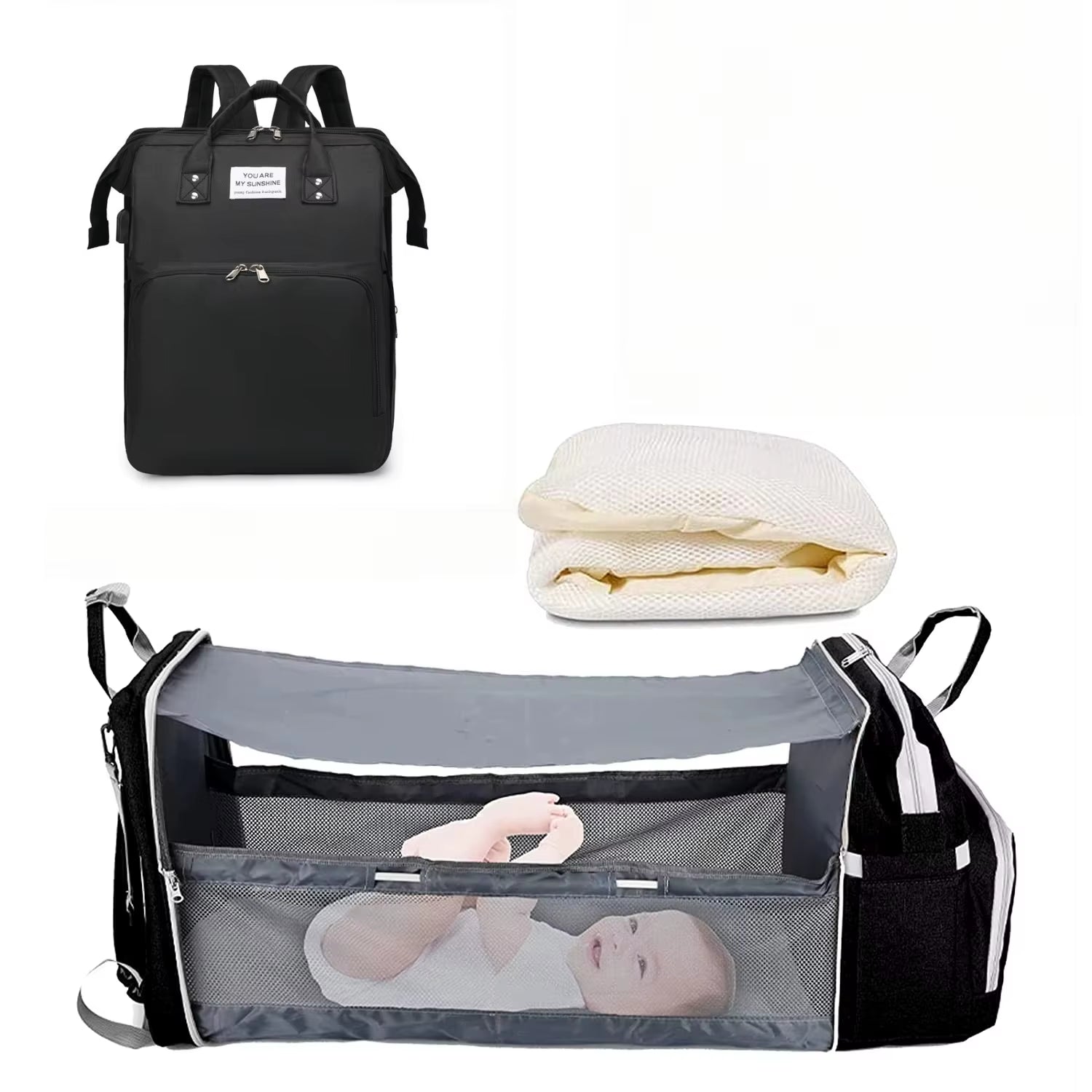 3 in 1 Diaper Bag Backpack Foldable Baby Bed Waterproof Travel Bag with USB Charge Diaper Bag Backpack with Changing Bed 3 Types