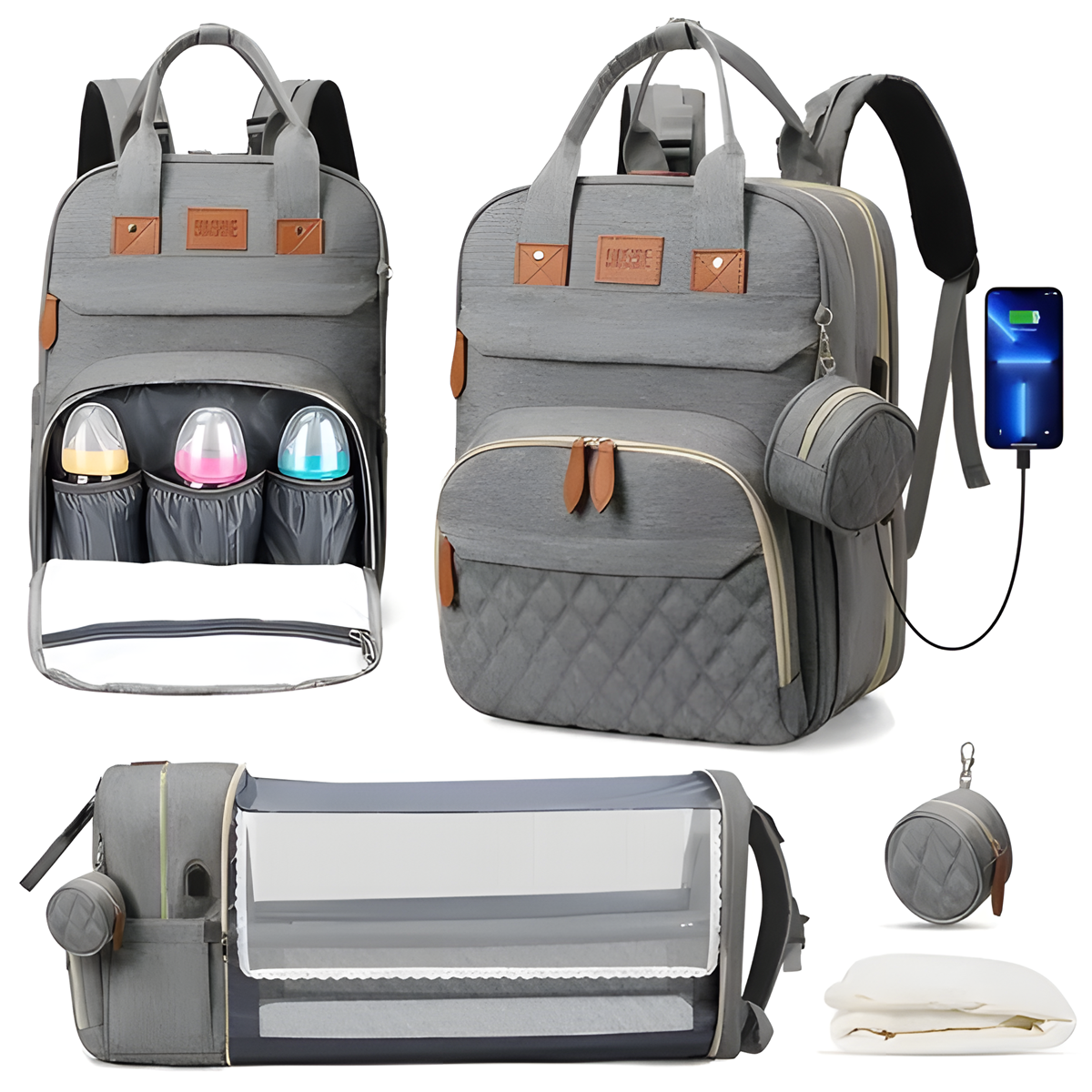 3-in-1 Diaper Bag Backpack | Foldable Baby Bed, USB Port & Waterproof Travel Bag