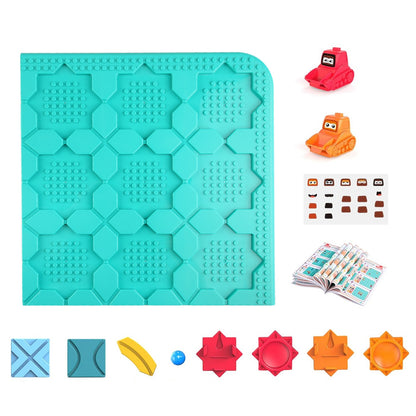 Teal building block mat with colorful toy figures and shapes on a white background