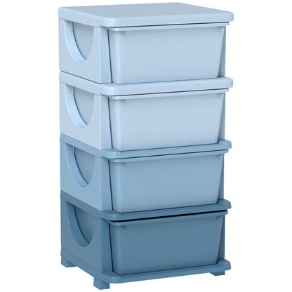 Stackable storage drawers in a light blue color on a white background