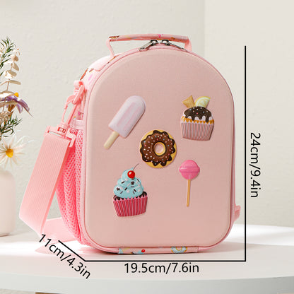 Pink lunch bag with dessert-themed decorations and measurements on a white background