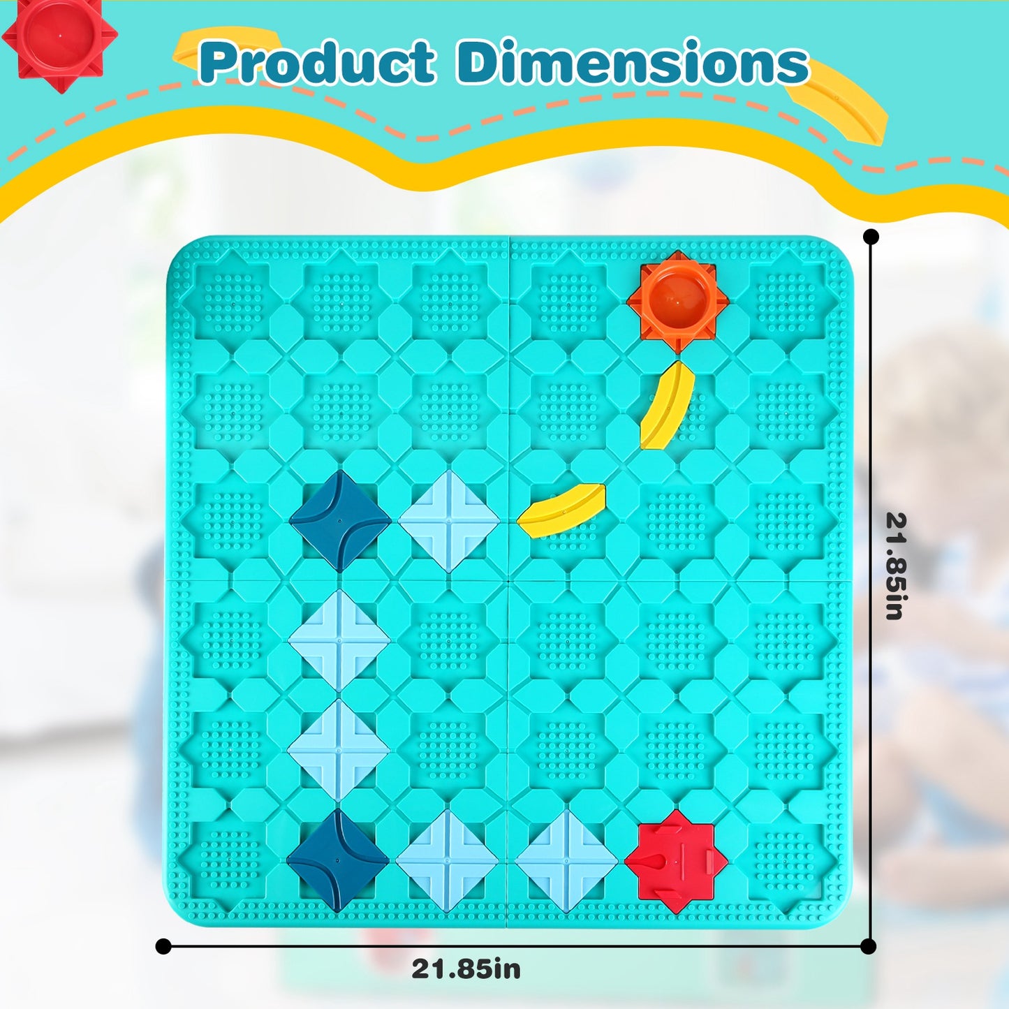 Teal building block mat with colorful blocks on a light blue background