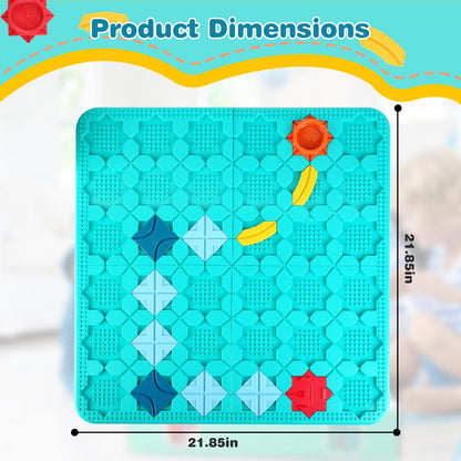 Teal building block mat with colorful blocks on a light blue background