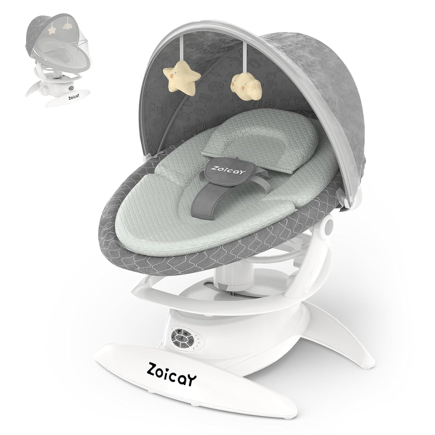 Gray baby swing with star-shaped hanging toys on a white background