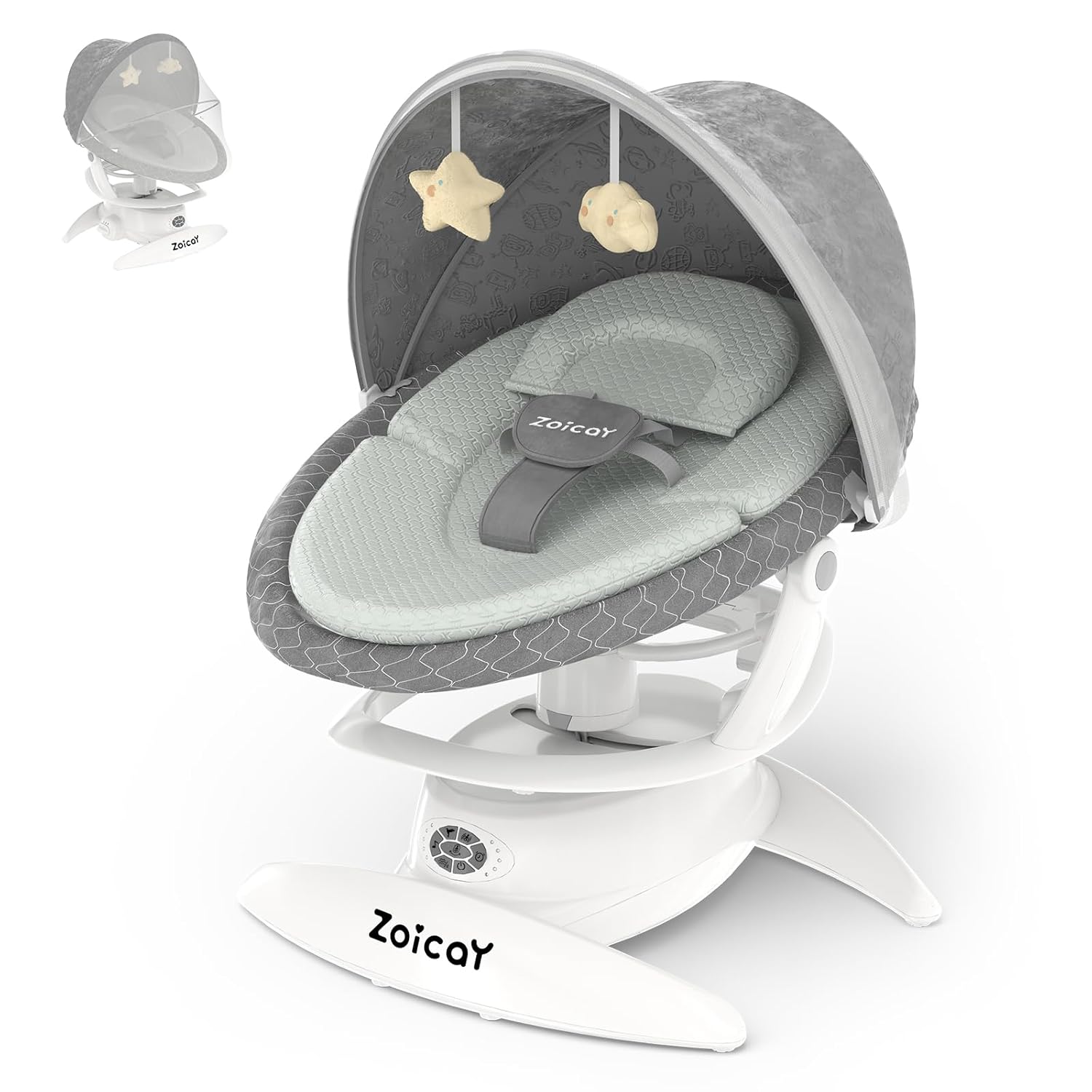 Gray baby swing with star-shaped hanging toys on a white background