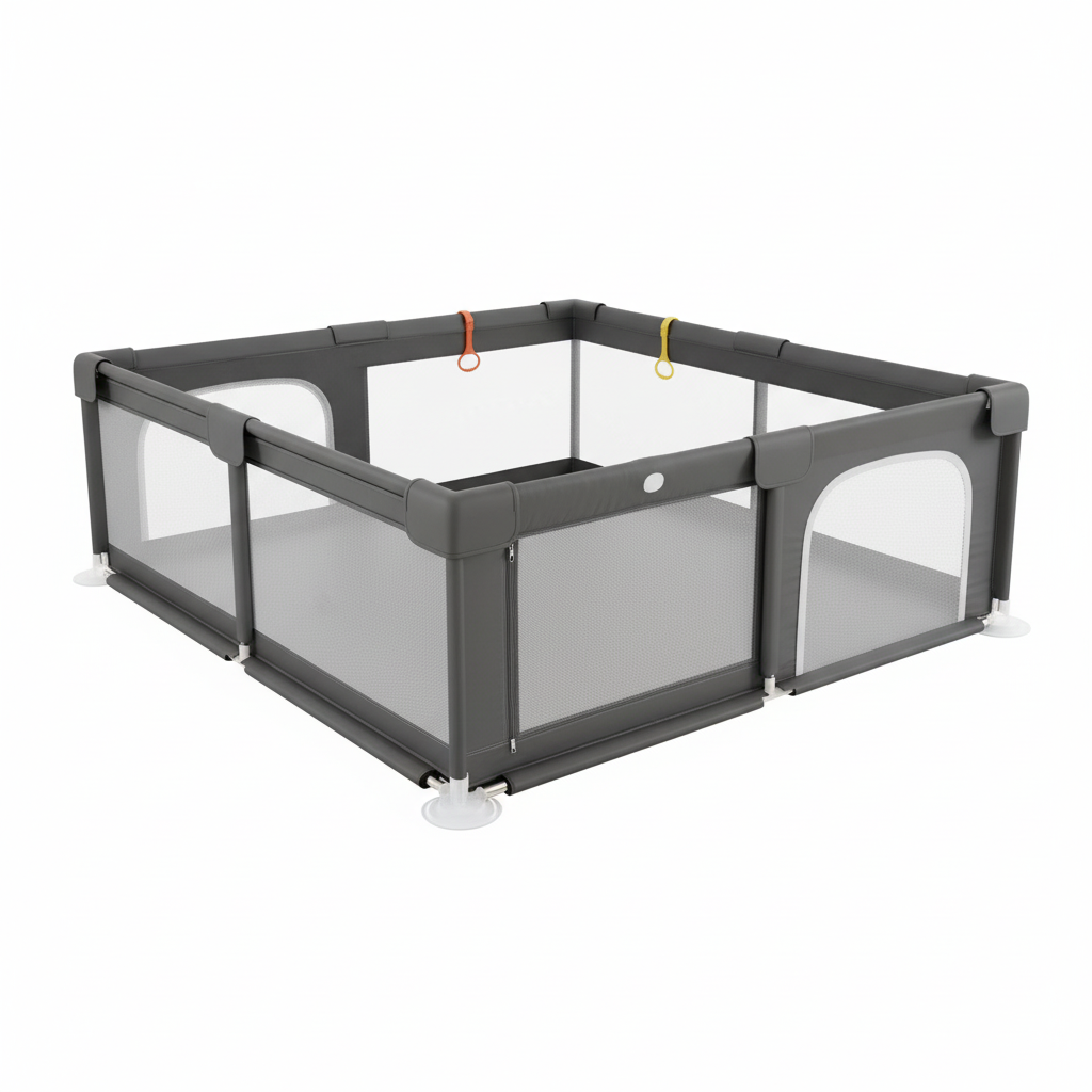 Dark Grey Baby Playpen on White Background