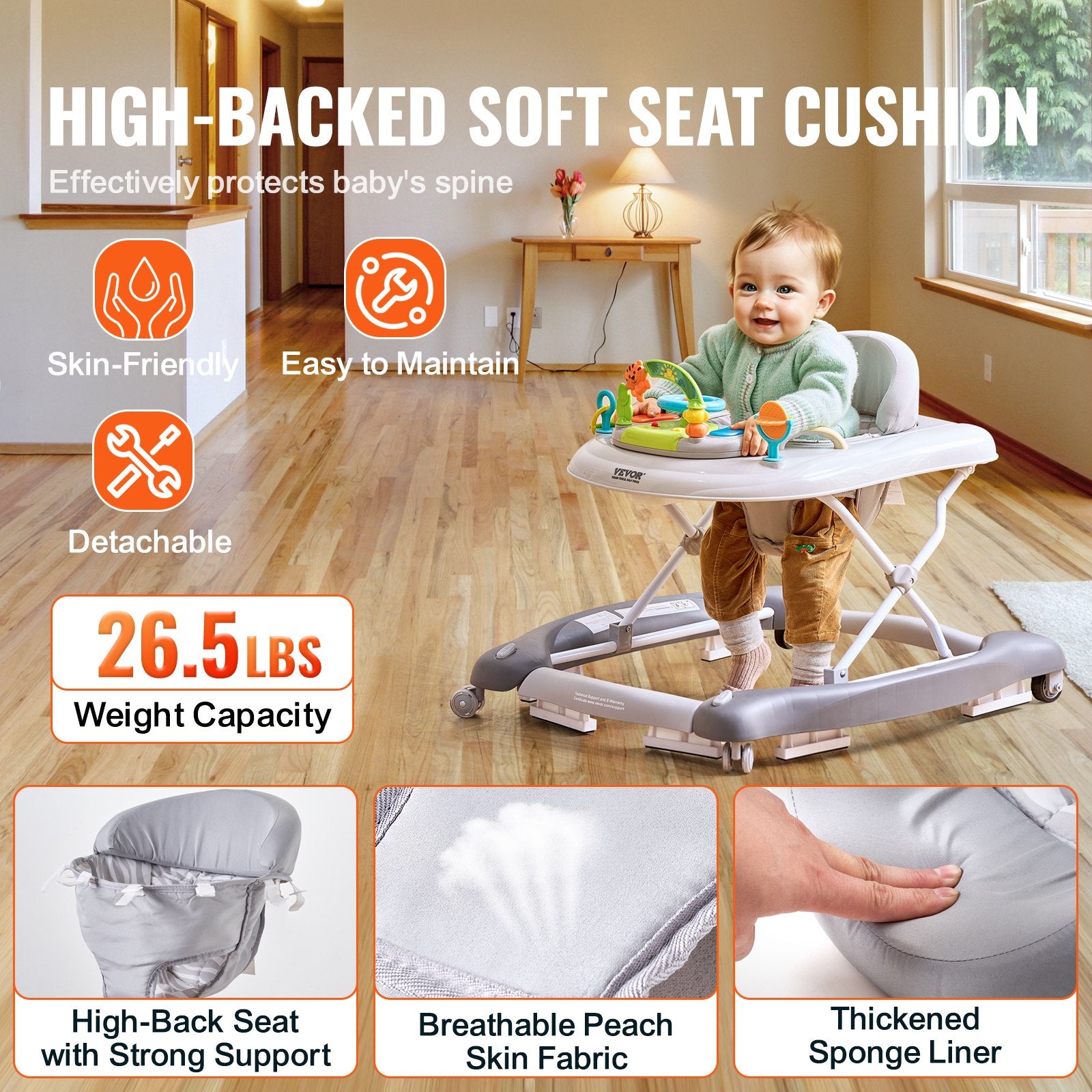 Baby walker with high-backed soft seat cushion in a room setting, highlighting features and specifications.