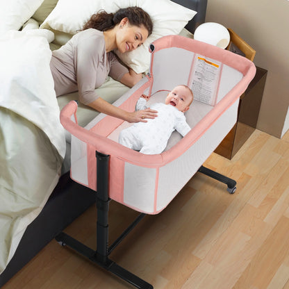 Baby Bassinet with Wheels Adjustable Bedside Sleeper Bassinet Newborn Baby Crib, Pink
