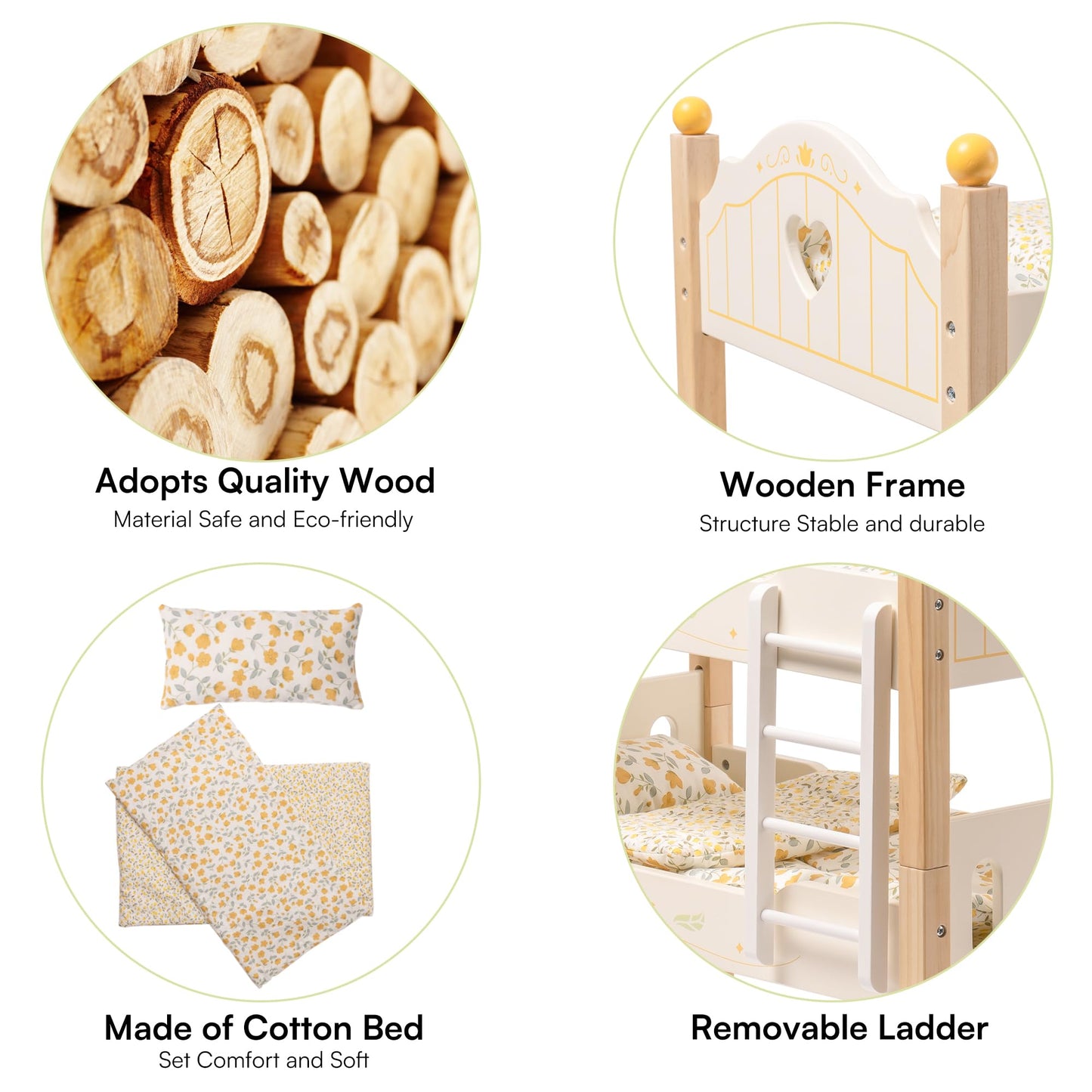 Wooden Doll Bunk Beds with Ladder - Fits 18" Dolls & American Girl, Sturdy White Toy Bed with Mattress & Pillow Set