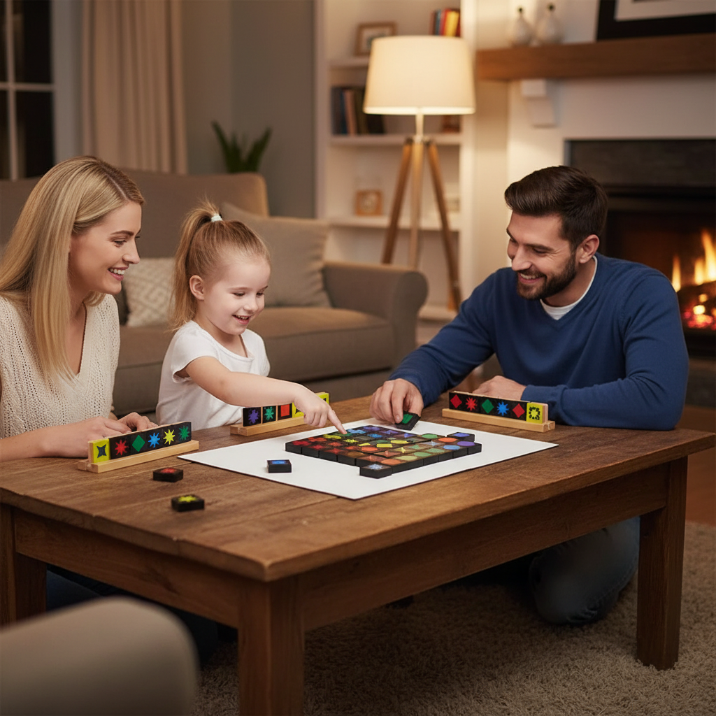 Family playing Qwirkle board game