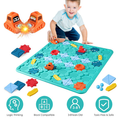 Child playing with a toy construction set on a large mat, featuring colorful building blocks and a toy truck.