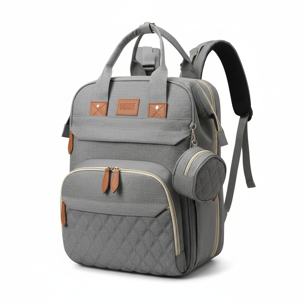 Grey 3-in-1 Diaper Bag Backpack on White Background