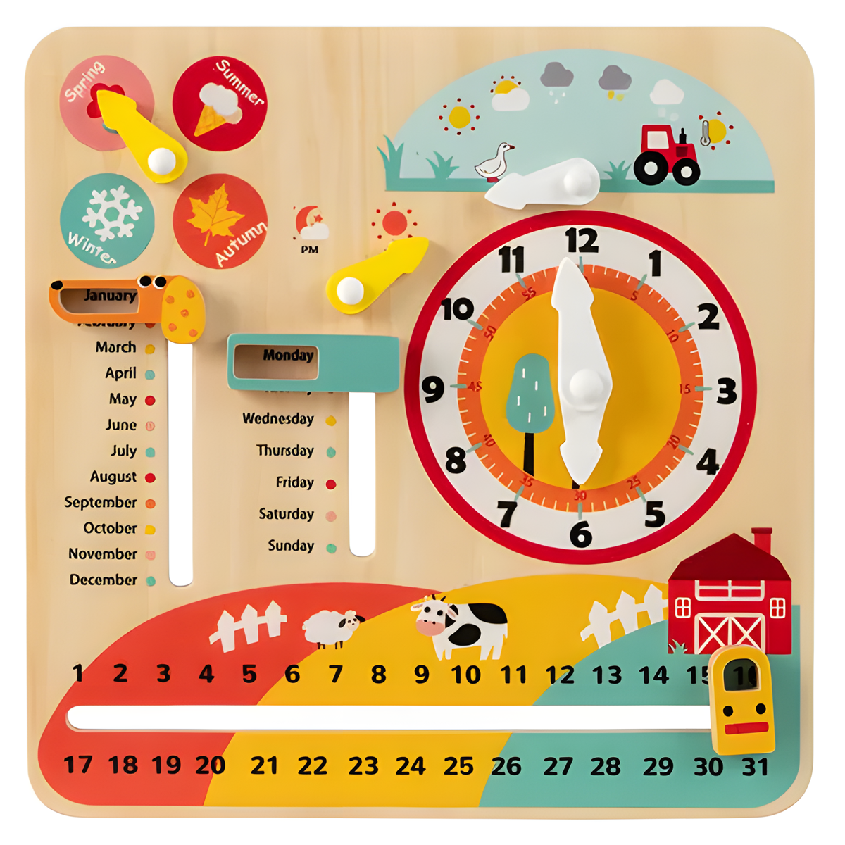 Montessori Wooden Learning Clock - Educational Calendar & Weather Station Toy for Toddlers, Preschool Learning & Time Telling