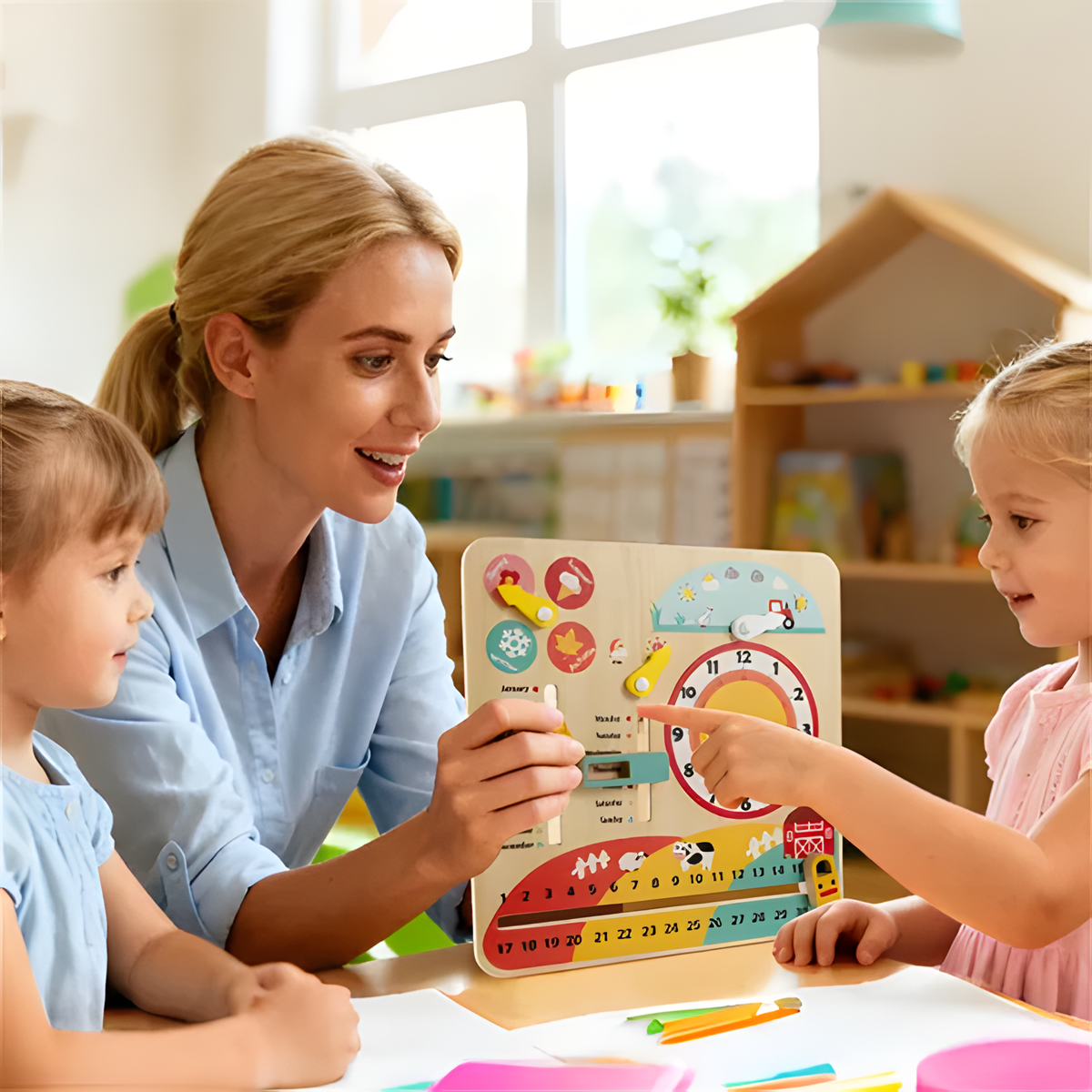 Montessori Wooden Learning Clock - Educational Calendar & Weather Station Toy for Toddlers, Preschool Learning & Time Telling