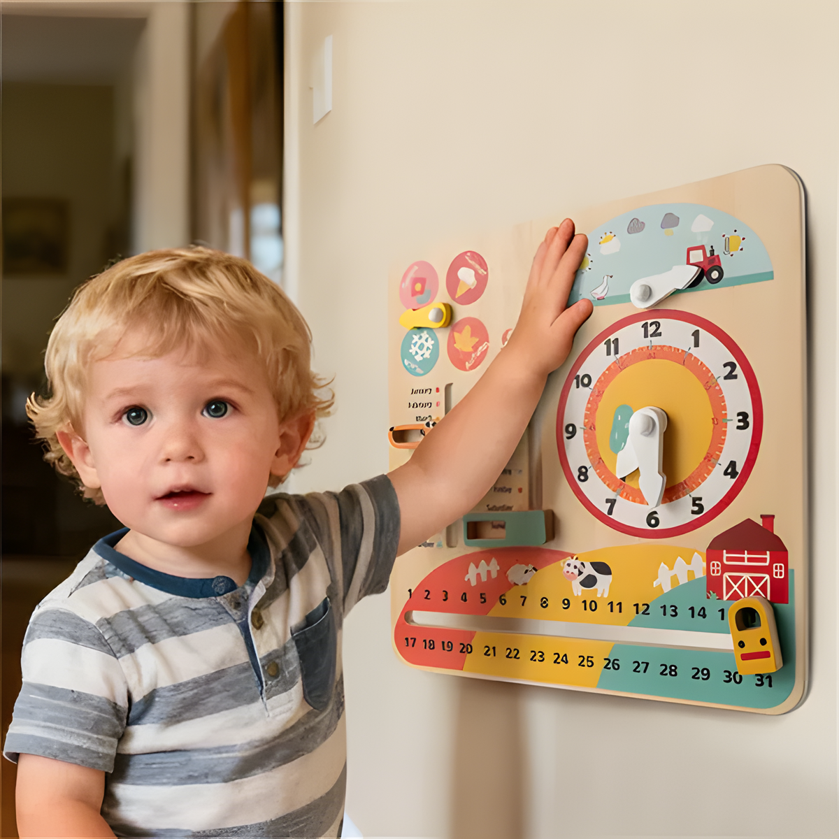 Montessori Wooden Learning Clock - Educational Calendar & Weather Station Toy for Toddlers, Preschool Learning & Time Telling
