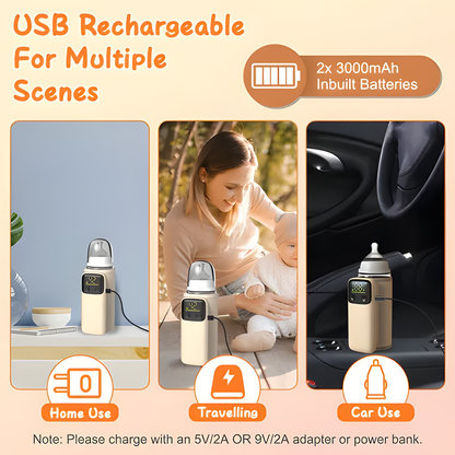 Portable Baby Bottle Warmer - USB Rechargeable Milk Warmer with Night Light, 4 Temperature Settings & Travel-Friendly